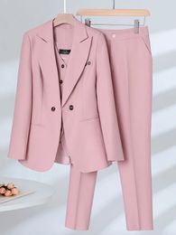 Women Fashion 3 Pieces Set Formal Blazer Vest and Pant Suit Elegant Navy Pink Apricot Office Ladies Business Work Career Wear 240112