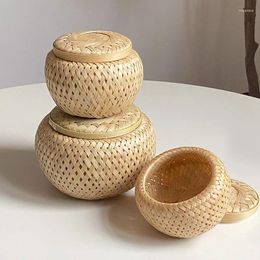 Storage Bottles Small Mini Basket With Cover Tea Can Food Packaging Box Flower Pot Gift Handmade Bamboo Weave Double Layer