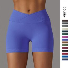 Active Shorts Seamless Knitted Leggings Breathable V Cross Waist Puse Up Yoga Running Fitness Tripartite Pants For Women