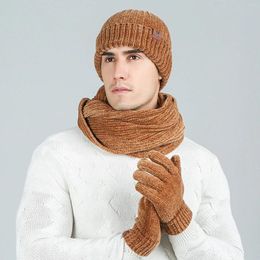 Ball Caps Couples Winter Warm Scarf Hat And Gloves Three Piece Set Solid Color Ribbed Knitted Woolen Bib Suit Echarpe Hiver Femme