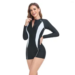 Women's Swimwear Patchwork Conservative Surfing Suit Long Sleeved Sun Protection Woman Zipper Swimsuit One Piece