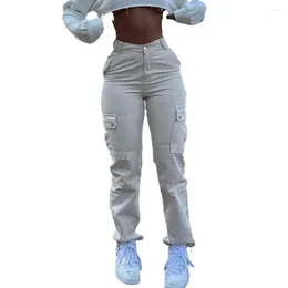 Women's Pants Zipper Button Placket High Waist Cargo With Multiple Pockets Butt-lifted Design For Streetwear Style