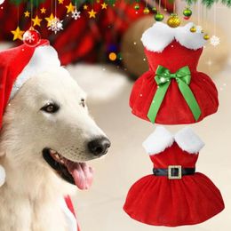Dog Apparel Pet Dress Belt Decoration Cosplay Santa Claus Bow Tie Party Accessory Golden Velvet Christmas Festival Skirt For Puppy