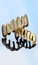 New 18K Real Gold Plated Punk Hip Hop Teeth Grillz Dental Mouth Fang Grills Up Bottom Tooth Cap Cosplay Party Rapper Jewellery Gifts6653205