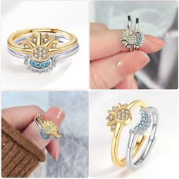 2024 New Age Jewellery Designer Band Rings New Simple and Shiny Sun Blue Diamond Moon Two Piece Set with Open Ring As a Gift for Girlfriend