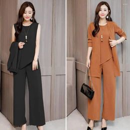 Women's Two Piece Pants Simple Loose Outfit Ankle Length Casual Elastic Waistband Tank Tops Wide Leg Mid-length Coat Set Dressing Up