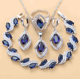 925 Sterling Silver Wedding Accessorie Bridal Jewellery Sets With Natural Stone CZ Blue Bracelet And Ring Sets 2201139949426