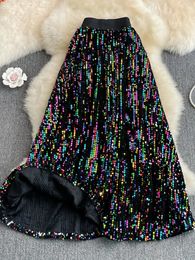 TIGENA Shiny Colourful Sequins Maxi Skirt Women Korean Fashion Aesthetic A Line High Waist Long Skirt Female Jupe Femme 240113