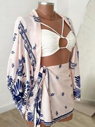 Work Dresses Casual Lantern Long Sleeve Cardigan And Mini Skirt Sets Women Fashion Pattern Print Loose Outfits Elegant Beach Two Piece Suits