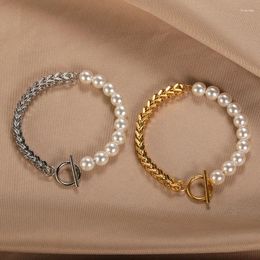 Link Bracelets Vintage Gold Colour Pearl Cuban Chain For Women Fashion Metal Splicing Handmade Bracelet Wedding Party Jewellery Gifts