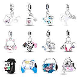 100% 925 Sterling Silver Fashion pink Music Earphone Charms Beads Fit Pando 925 Original Bracelets Necklaces Fine DIY Jewellery Gifts