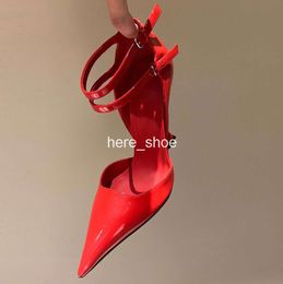 Woman Pump with wedge heel Flame red Luxury Designer shoes 105mm Patent Leather Pointed Toes fashion Dress Shoe Ankle Strap lady Sandal party High lides