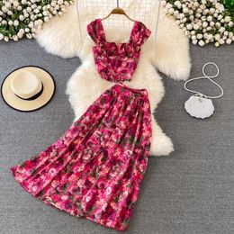 Work Dresses WDMSNA Seaside Vacation Fashion Set Women Short Sleeve Blouses High Waist A-line Floral Skirt 2 Piece Sets Womens Outfits