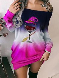 Casual Dresses Halloween Colour Block Gradient Wine Glass Off Shoulder Sweatshirt Dress 2024 Ladies Fashion Autumn Print Elegant Party Skirt