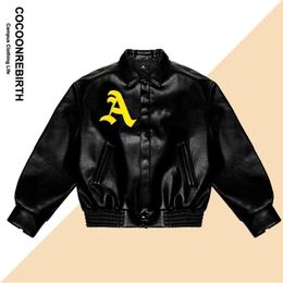 Hip Hop Men Bomber Jacket Motorcycle Embroidery Leather College Style Fashion Casual Varsity Jacket Unisex Baseball Coats 240113