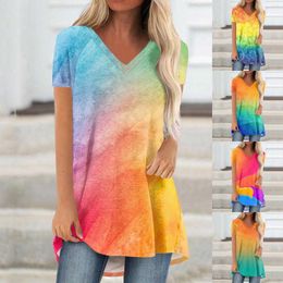 Women's T Shirts 2024 Summer Casual Top Loose Tie Dye Print Short Sleeve Gradient V-Neck T-shirt Comfortable Ins Style