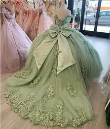 Dresses Sage Princess Quinceanera Dresses Bow Back Corset Ball Gown Beaded 3D Flowers Lace Appliques Formal Prom Graduation Gowns LaceUp