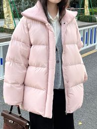 Knitted collar splicing pink down jacket for women's winter new loose and thickened 90 white duck down mid length bread jacket