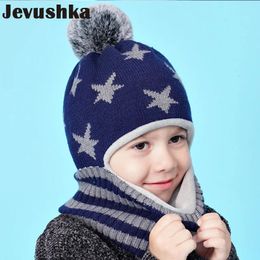 Winter Kids Balaclava Hat PomPom Knit Beanie Hats for Baby Boy Hat Scarf Snood with Double Layer Caps for Boys 240113