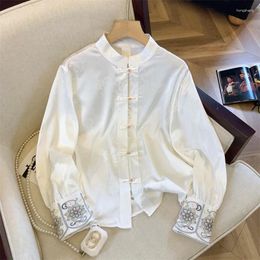 Women's Blouses Satin Shirts Spring/Summer Chinese Style Embroidery Loose Fashion Long Sleeves Vintage Women Tops YCMYUNYAN