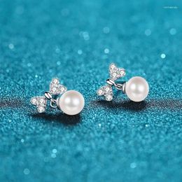 Stud Earrings LORIELE 0.3CT Moissanite Bow Quality Handpicked Freshwater Cultured Pearl For Women Wedding Jewelry