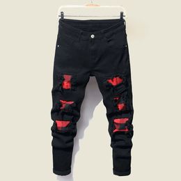 Streetwear Fashion Jeans For Men Retro Black Elastic Slim Fit Ripped Jeans Men Spliced Designer Hip Hop Denim Pants trousers 240112