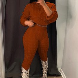 Women's Two Piece Pants Casual Knitted Sweater Autumn And Winter Top Pant Set Fashionable Solid Colour Hooded