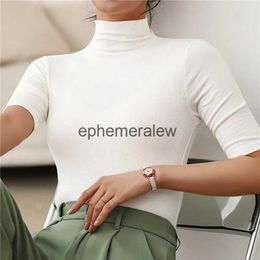 Women's T-Shirt Half Turtleneck Milk Silk Tops Women Short Sleeve Slim Solid Color Basic Trend Bottoming Shirt High Street Blouseephemeralew