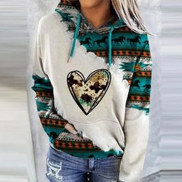 Womens Casual Geometric Horse Print Long Sleeve Drawstring Pullover Tops Ethnic Style Hooded Sweatshirt 240112