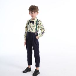 Cappotto per bambini Cartoon Dinosaur Stampa Fiocco Monopetto Camicia a maniche lunghe Bretelle Pantaloni Abito da ragazzo