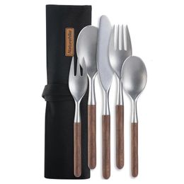 Stainless Steel Wooden Tableware Set Outdoor Camping Knife/Fork/Spoon Sets Portable Picnic Dinner Dining Tools 240113