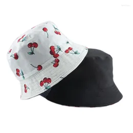 Berets 2024 Panama Fruit Cherry Print Bucket Hat For Men Women Fisherman Two Side Reversible Bob Summer Sun