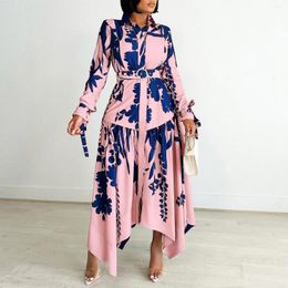 Casual Kleider 2024 Frühling Gedruckt Unregelmäßige Maxi Kleid Frauen Revers Druck Taste Party Abend Feiertage Mit Gürtel