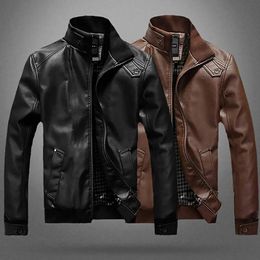 Homens jaqueta de couro falso da motocicleta dos homens fino ajuste gola jaqueta de couro masculino outwear masculino casaco de couro do plutônio 240113