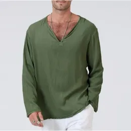 Men's T Shirts 2024 Linen Long Sleeved Solid Cotton V-neck Casual T-shirt Loose Yoga Shirt Hawaiian S-4XL