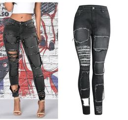 Jeans Fashion Womens Cool Black Beggar Elastic Slim Hole Jeans Butt Lift Trousers Plus Size Pants Stretch