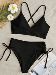 Bikini Women Swimsuit Solid Black High Waist Bikinis Set Lace Up Bathing Suit Swimwear Summer Brazilian Beach Two Piece 240113