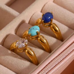 Cluster Rings Minimalist Stainless Steel Gold Plated Natural Stone Laips Turquoise Cubic Zirconia For Women Bague Acier Inoxydable