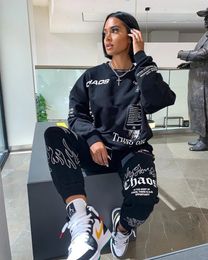 Women Outfit Letter Print Loose 2 Two Piece Set Streetwear Tracksuit Sweatshirt Joggers Pants Matching Ensemble Femme 2 pieces 240112