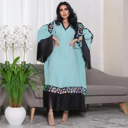 Ethnic Clothing Dubai Abaya Kaftan Tassel Sequins Contrast Color Patchwork Flare Sleeve V-Neck Maxi Loose Arab Long Dresses