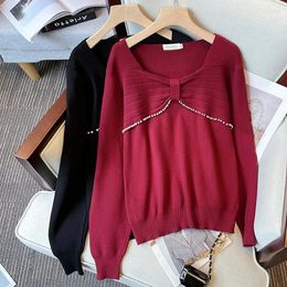 Women's Sweaters Sweater Ladies Oversize Y2k Aesthetic Tops Pullovers Korean Fashion Beading Long Sleeve Bow Winter Women Clothes