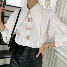 Shirts Womens Blouses Designer Metal Buttons Spring Women Lantern Sleeve White Tops Turn Down Collar Korean Elegant Office