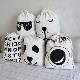 Animal Stripe Pattern Cotton Laundry Bag Toy Home Canvas Storage Bag Drawstring Dirty Clothes Bag 240112