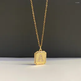 Pendant Necklaces Vintage Gold Colour CZ Pave Initial Alphabe Letter Necklace Women Trendy Geometric Square Tag A-Z Charm Chain Choker