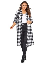 Plus Size Elegant Spring Autumn Maxi Shirt Women Long Rolling Sleeve Black White Checked Dress Loose Plaid 6XL 7XL 240112