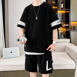 Men's Tracksuits Summer Two Piece Cotton Short Sleeve T-Shirts And Shorts Sets Outwear Solid Loose Top Tees&Knee-Length Pant Sport Suit