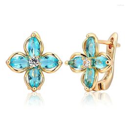 Huggie Hoop Earrings Marquise Cut Light Blue CZ Flower Four Petal Clover Loop Huggies For Women Girls Yellow Gold Color Jewelry Aros