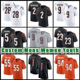 1 Ja'Marr Chase 9 Joe Burrow FOOTBALL JERSEY Cincinnati''Bengals''Evan McPherson Sam Hubbard Tee Higgins Cam Taylor-Britt Joe Mixon Logan Wilson Trey Hendrickson Evans