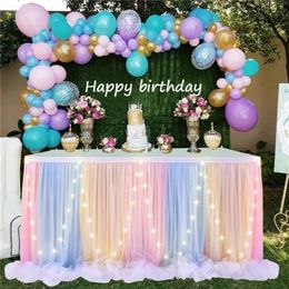 6FT Table Skirt with LED Light Wedding Party Tutu Tulle Tableware Cloth Baby Shower Unicorn Birthday Home Decor 240112