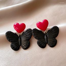 Dangle Earrings French Design Vintage Red Heart Black Resin Butterfly Accessories For Women's 2024 Fashion Jewelry